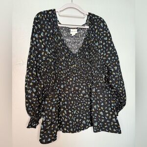 Ava & Viv Black Floral V-Neck Smocked Peasant Top
